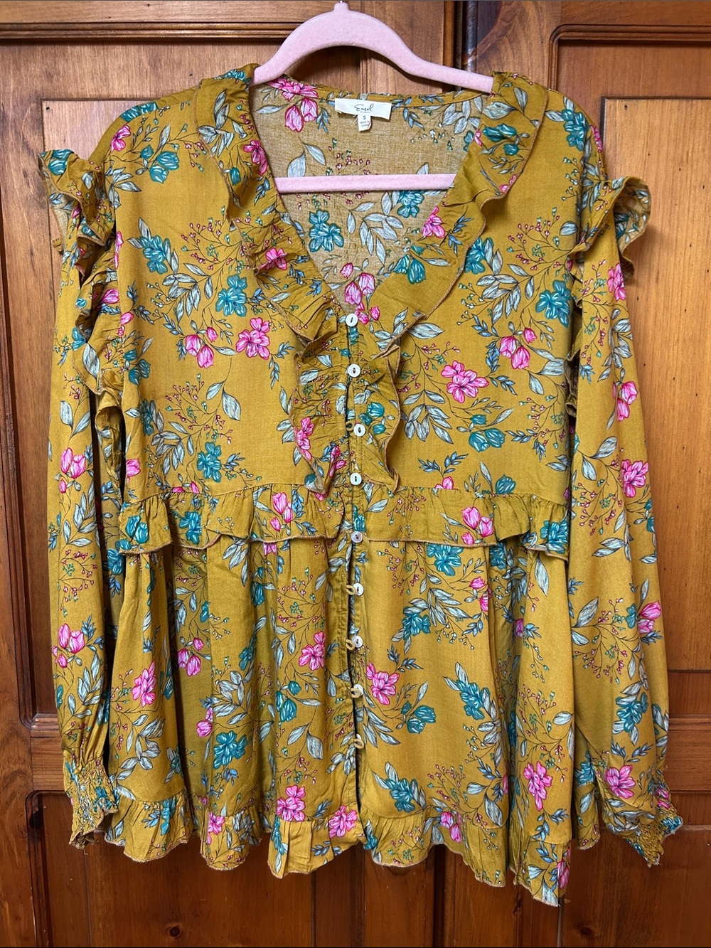 Floral Ruffle Button-Front Blouse - Mustard